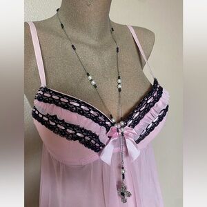 Handmade Rosary Necklace with Pearly White & Black Beads - Full Length